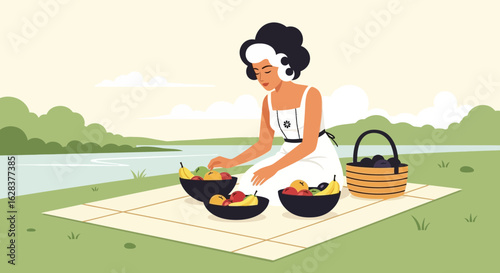 Stylish woman enjoying a picnic with fresh fruits, enjoying nature and open space in a vector