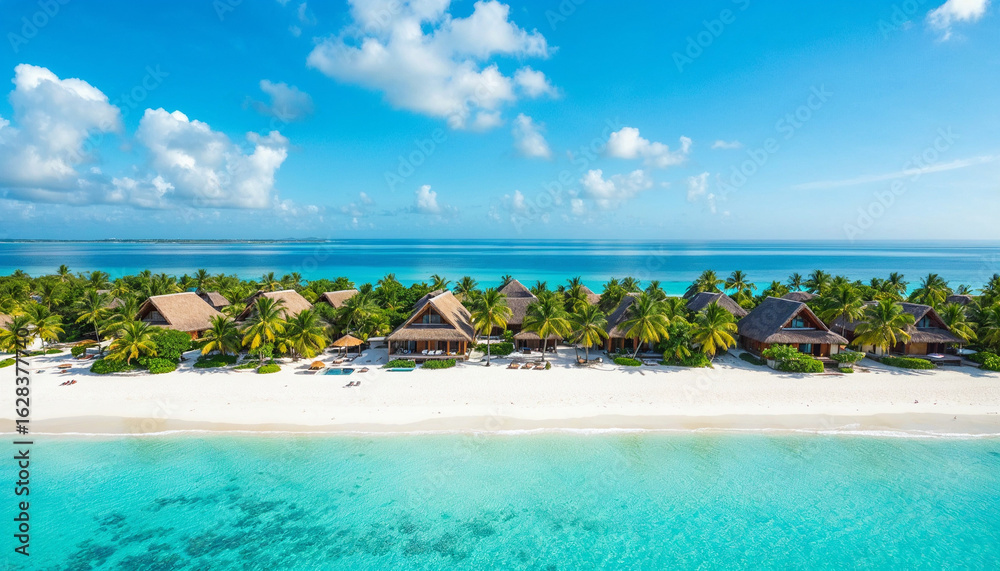 Naklejka premium Aerial view of tropical resort with thatched bungalows, white sand, and turquoise water.