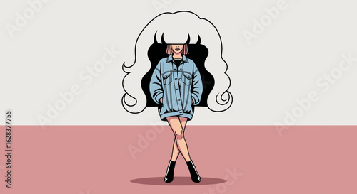 Stylish woman with oversized hair and denim jacket in minimalist design art
