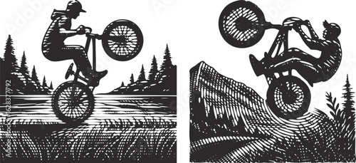  Lined photocopy effect monochrome engraving bundle of man doing a wheelie on a bicycle, vintage style vector art design