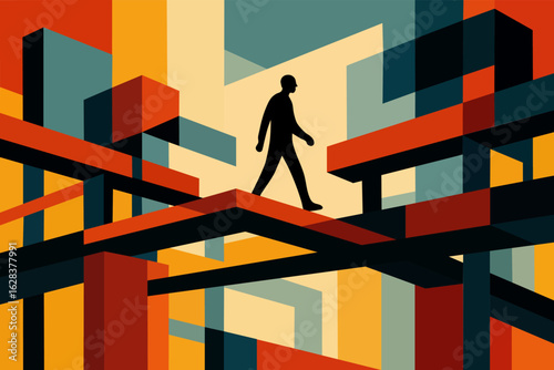 Abstract bridge of rectangles with silhouette crossing