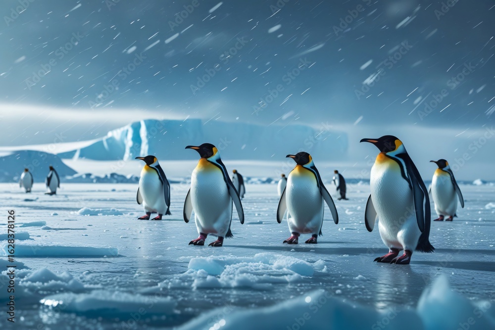 Obraz premium A Group of Emperor Penguins Slowly Walking Across a Vast Icy Plain During a Light Snowstorm with Strong Winds and Bluish Desaturated Lighting in Antarctic Wilderness