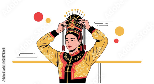 Traditional Mongolian woman wearing a headdress illustration for cultural representation and