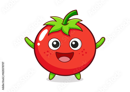 Happy cartoon tomato character waving with open arms