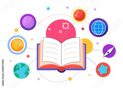 Open book with celestial bodies and educational symbols