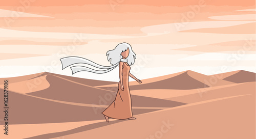 Wanderer in the Desert: A lone woman journeys across the sandy dunes in a stylized illustration