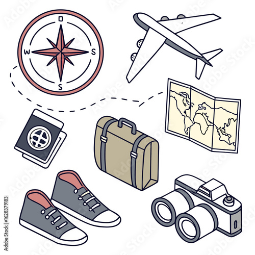 Illustration of travel essentials including a compass airplane map suitcase passport shoes and binoculars