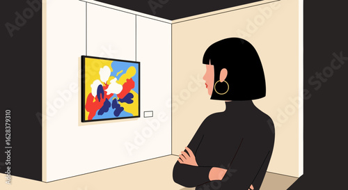 Woman admiring abstract art in a modern gallery, exploring creative expression and artistic
