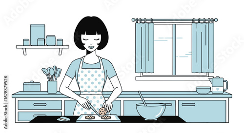 Woman Baking Cookies in a Clean Kitchen with Minimalist Design and Soft Blue Palette