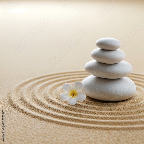 Balanced White Stones Stacked with Flower on Sand Zen Garden