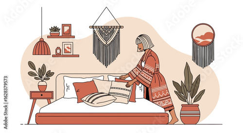 Woman Arranging Pillows in a Cozy Bedroom Decorated with Macrame and Plants Illustrating Home