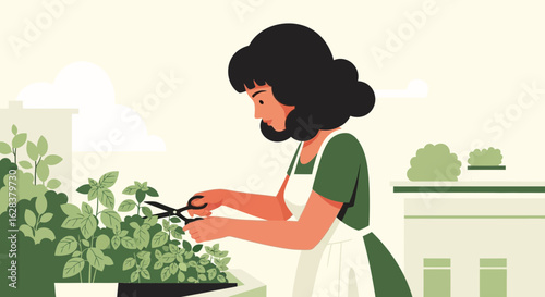 Woman cultivating urban garden on rooftop terrace with fresh herbs illustration