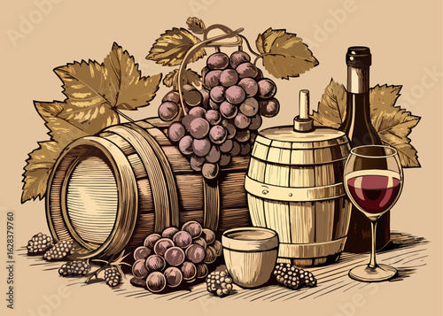Vintage wine still life with grapes barrels and wine glass