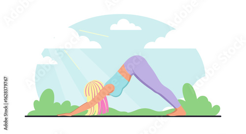 Woman doing downward facing dog yoga pose in a serene outdoor setting illustration