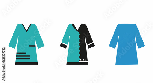 Three modern tunic designs displayed in different colors, showcasing simplicity and style.