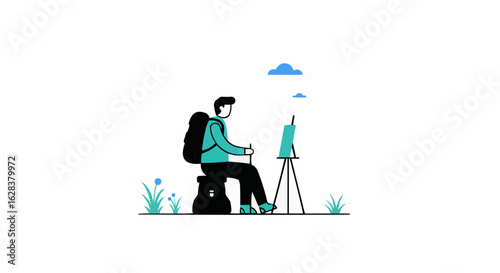 An artist, engaged in painting scenery, immersed in the serene natural world.
