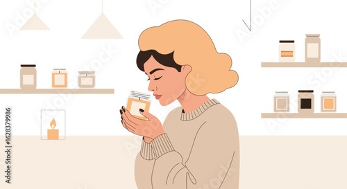 Woman enjoying the aromatherapy benefits of a scented candle in a cozy home setting promoting