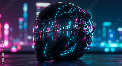 Cyberpunk Helmet Cityscape Reflection
