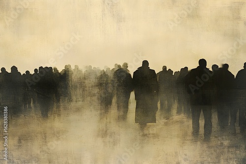A faded photograph of a crowd with one person’s face scratched out, symbolizing isolation and the feeling of being invisible in a world of people. 