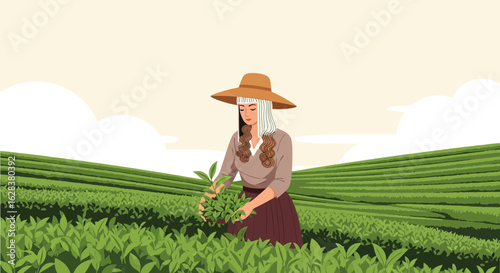 Woman harvesting tea leaves in a field on a beautiful day, a serene agricultural scene depicting