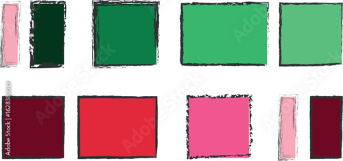 Grunge Ink Texture Backgrounds Collection: Handcrafted Black Brush Paint Strokes Framing Vector Squares in Distressed Style With Colourful Vector