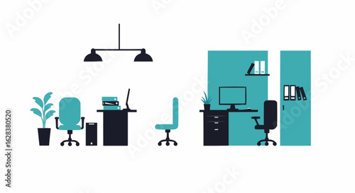 A well-designed office space with two separate workspaces with computer desk and other accessories.