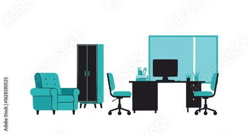 Modern and minimalist office room interior with a window and furniture.