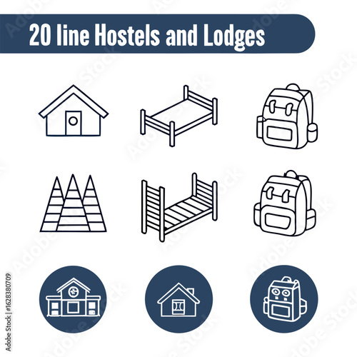Illustration of hostel and lodge themed icons including beds, backpacks, buildings and mountain peaks design