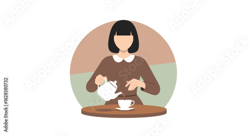 Woman pours tea in cafe, afternoon tea illustration in minimalist style on white background,