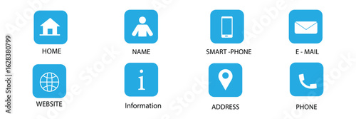 Business card icon set. Containing contact information, name, address, phone, e-mail, location, website, telephone, mail and more. Vector illustration. Vector illustration in eps 10.