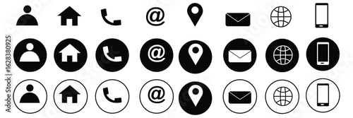 Business card icon set. Containing contact information, name, address, phone, e-mail, location, website, telephone, mail and more. Vector illustration. Vector illustration in eps 10.