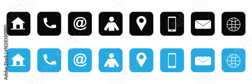 Business card icon set. Containing contact information, name, address, phone, e-mail, location, website, telephone, mail and more. Vector illustration. Vector illustration in eps 10.
