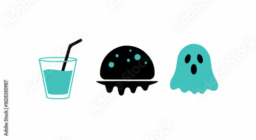 A quirky arrangement of drinks, food, and ghost.