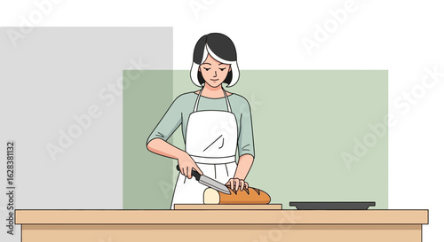 Woman slicing bread in kitchen, preparing meal, vector illustration kitchen scene