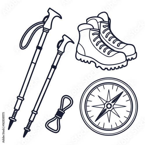 Illustration of hiking equipment including boots compass trekking poles and a carabiner in black outline