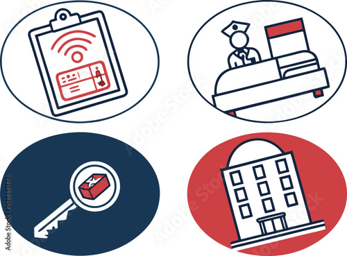 Illustration showcasing hotel amenities including wifi access, staff, key, and building exterior