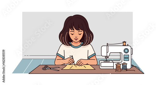 Young woman focused on sewing project with machine and tools in her crafting room