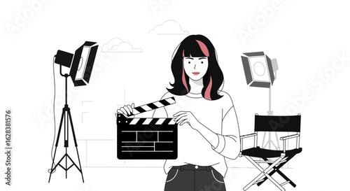 Young woman on set holding clapperboard with cinema lighting and director's chair