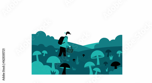 A person walking through a field, carrying a basket, gathering mushrooms.