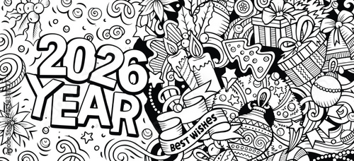 2025 doodles horizontal illustration. New Year objects and elements banner