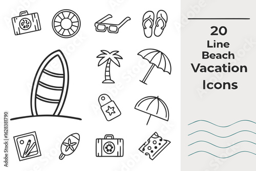 Illustration of beach vacation line icons including surfboard, palm tree, and beach umbrella arranged neatly