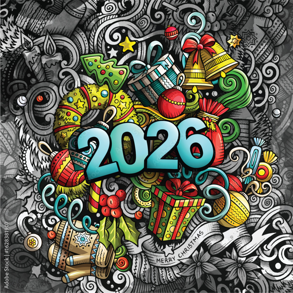 Fototapeta premium 2026 Happy New Year graphics illustration. Creative winter holidays background.