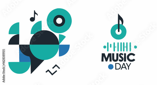 Music Day Celebration Design with abstract musical notes and geometric shapes.