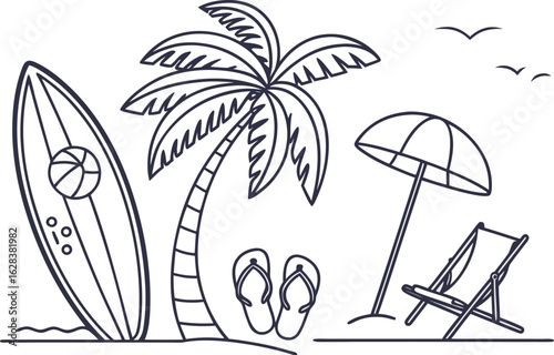 Illustration of a beach scene with a surfboard palm tree umbrella chair and flip flops in black outline