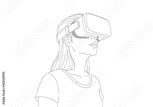 Woman wearing virtual reality headset line drawing goggles Vector illustration of