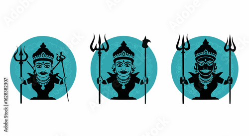 Symbolic illustrations of deities or figures, each holding a trident. The figures are set against circular backgrounds.