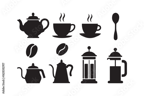 Collection of black silhouette coffee and tea brewing and serving icons