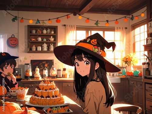 Joyful anime Halloween scene with cute kids and creatures in costumes, bold lines, solid flat colors, no gradients, pumpkins, candy, dancing, spooky-fun vibe, vibrant festive background.