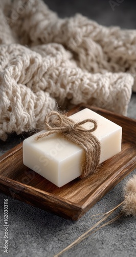 Wallpaper Mural A bar of creamy white soap, tied with a natural twine bow, rests on a wooden tray.  A soft, beige knitted blanket is in the background.  Muted tones and a serene aesthetic Torontodigital.ca