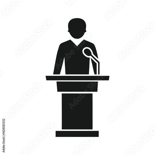 Black silhouette icon of a person speaking at a podium with a microphone speech speaker